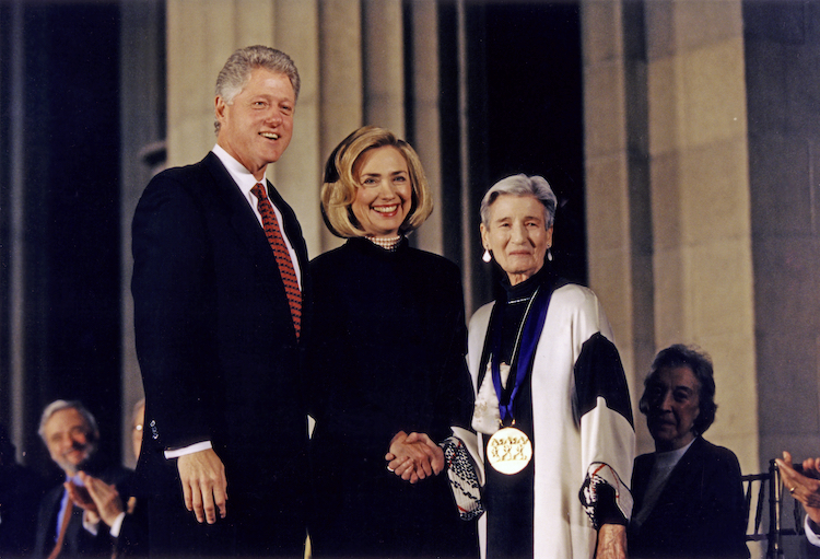 Bella Lewitzky winning an artistic medal of merit shaking hands with President Bill Clinton and Hillary Clinton
